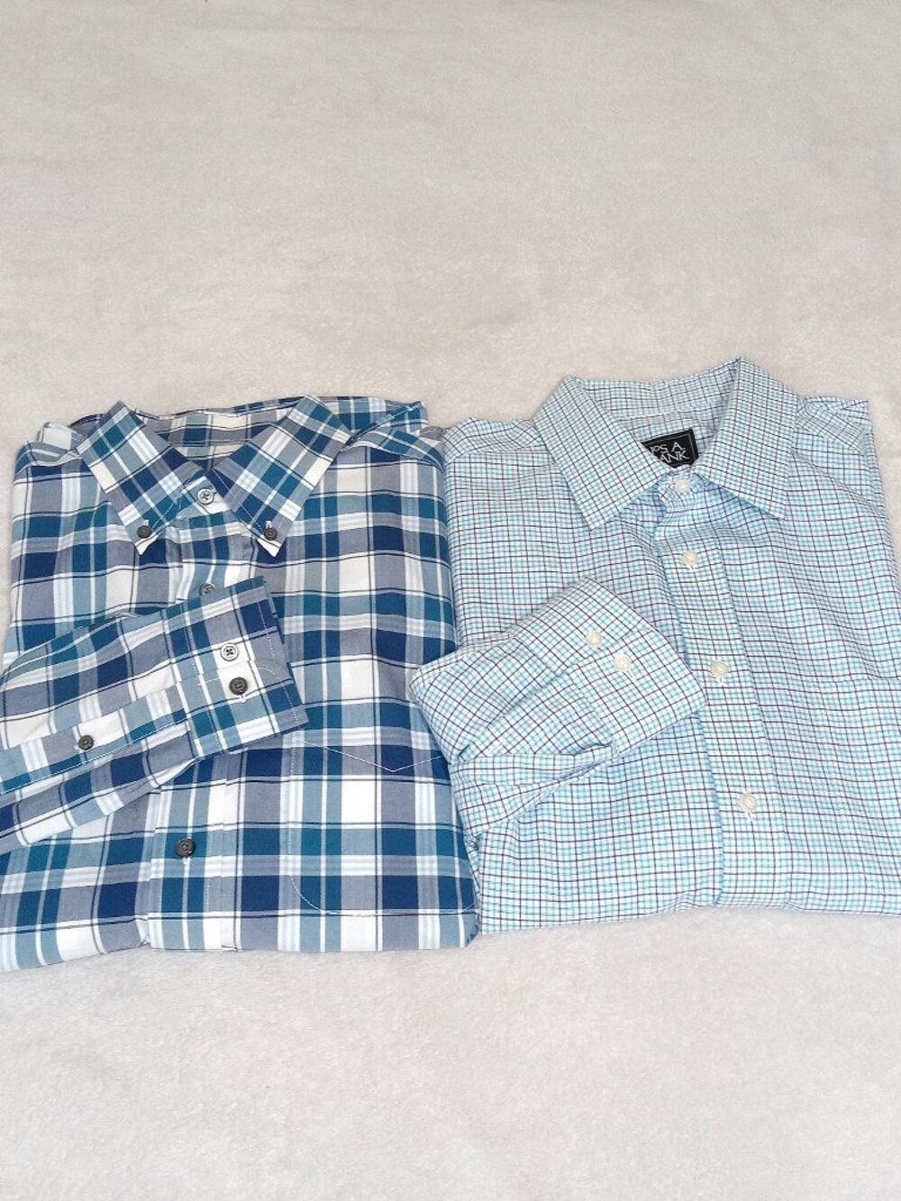 Jos A Bank Traveler Mens L 2 Shirt Bundle Blue Plaid & Check 100% Cotton